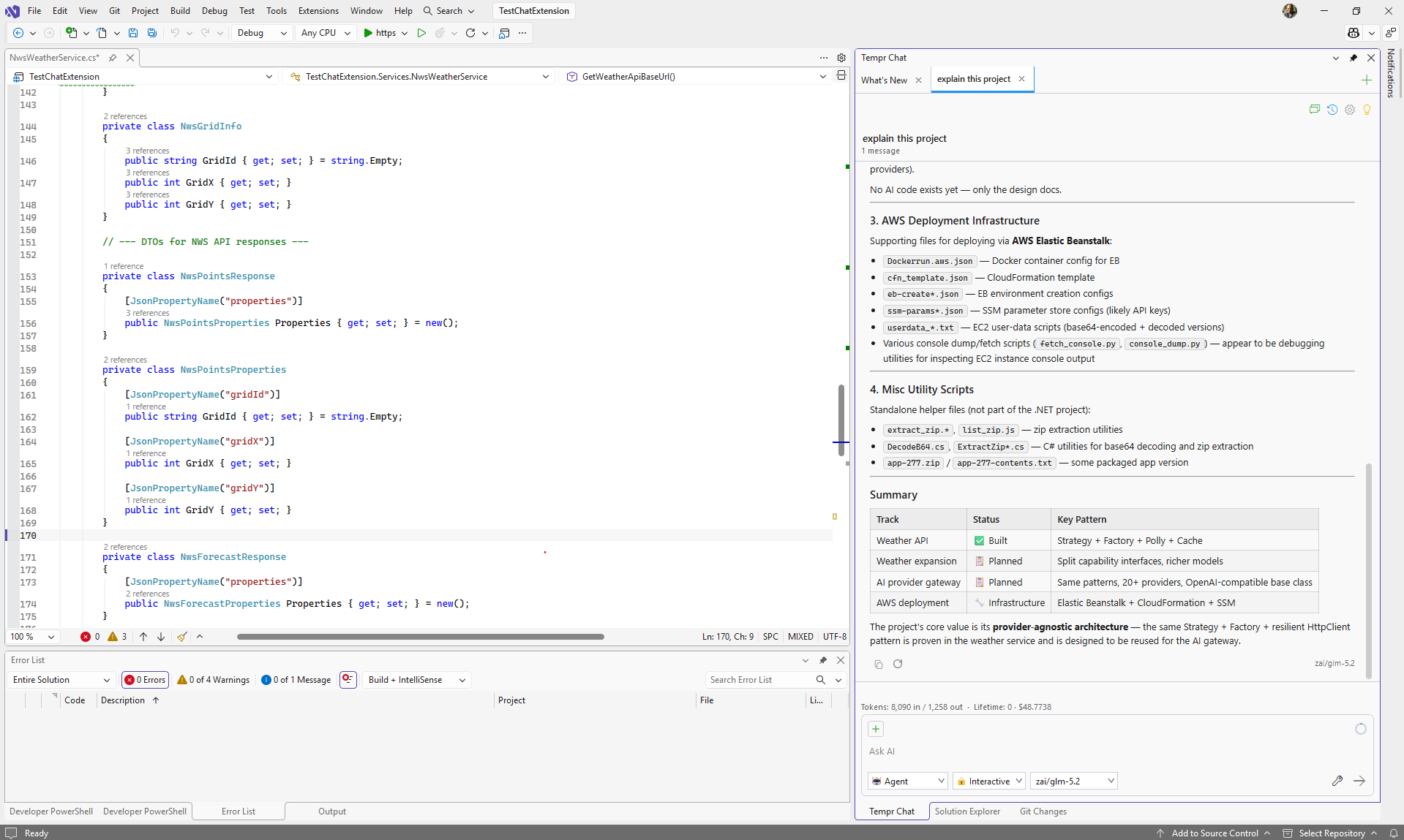 The Tempr chat panel docked inside Visual Studio, showing a conversation that walks through a project's deployment infrastructure and utility scripts alongside the code editor