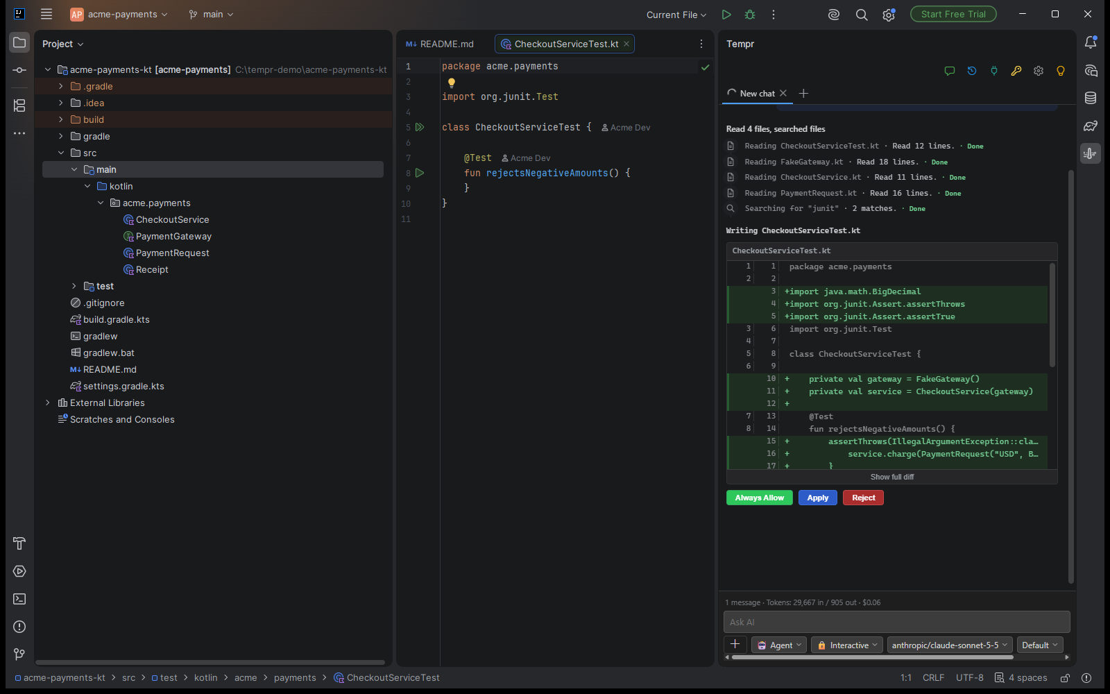 Tempr Chat in IntelliJ IDEA beside a Kotlin test, listing the files the agent read and a proposed diff with Apply and Reject