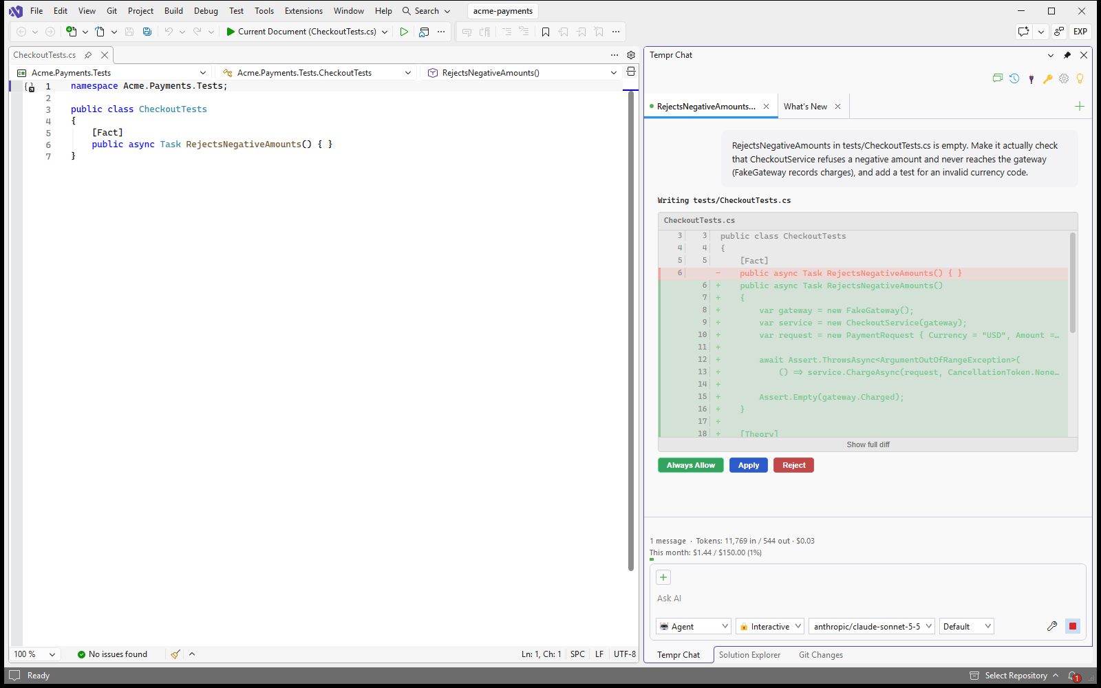 Tempr Chat docked in Visual Studio beside a C# test file, showing a proposed edit to CheckoutTests.cs as a diff awaiting approval