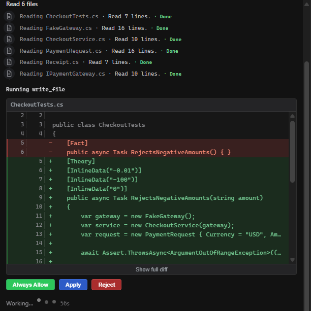 Tempr Chat in VS Code: the agent has read six files and proposes a change to CheckoutTests.cs as a diff, with Apply and Reject buttons