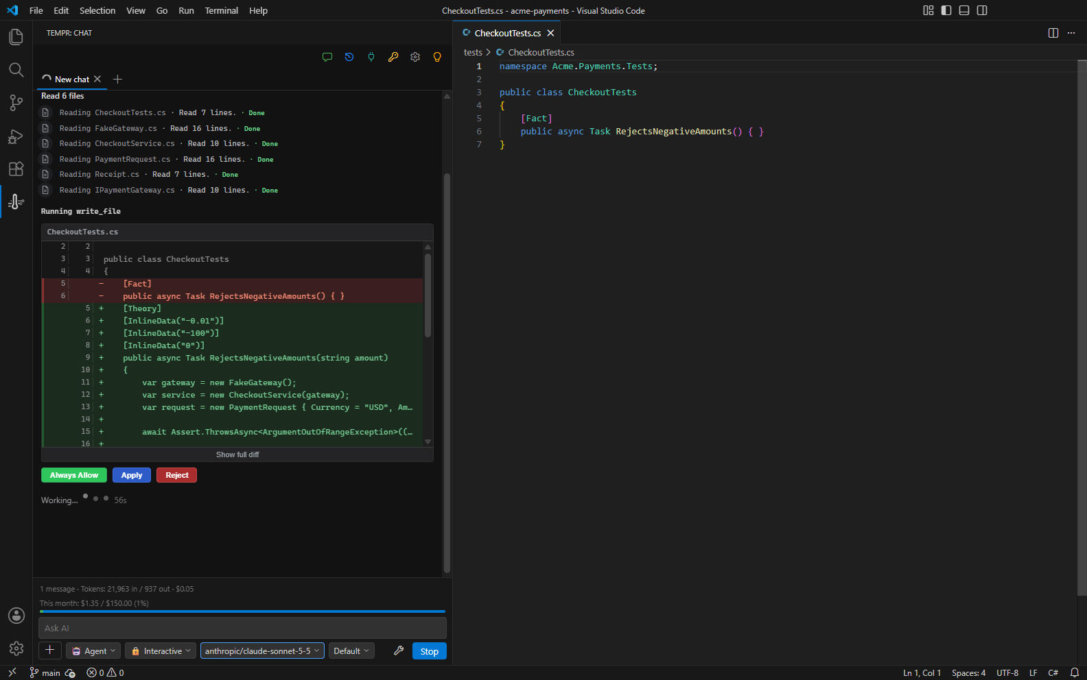 Tempr Chat in VS Code: the agent has read six files and proposes a test change as a diff, with Always Allow, Apply and Reject buttons, and the model and token cost under the input box