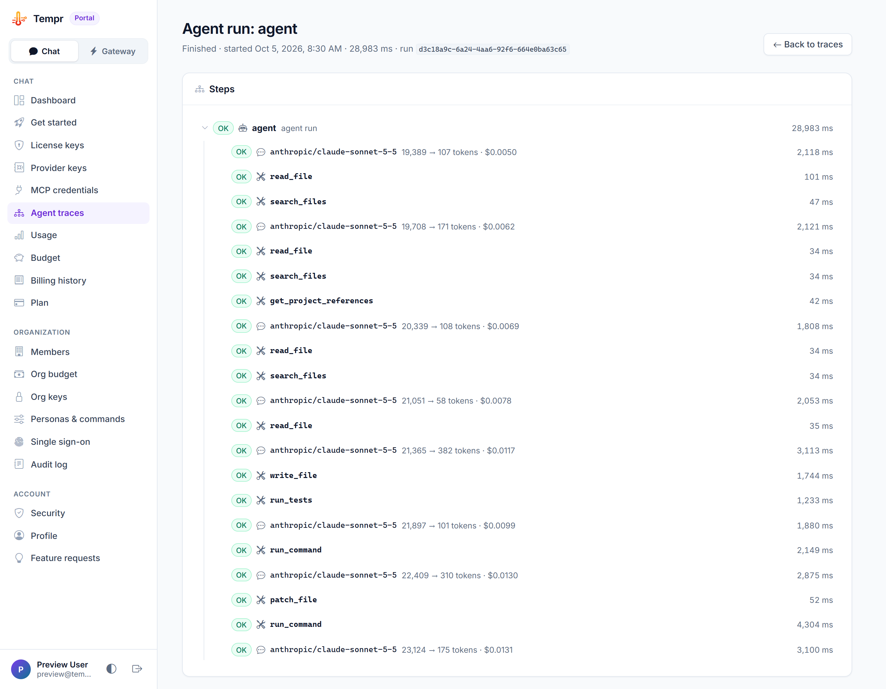 The Portal's view of one agent run: alternating model calls with their token counts and cost, and tool calls such as read_file, search_files, write_file, run_tests and run_command