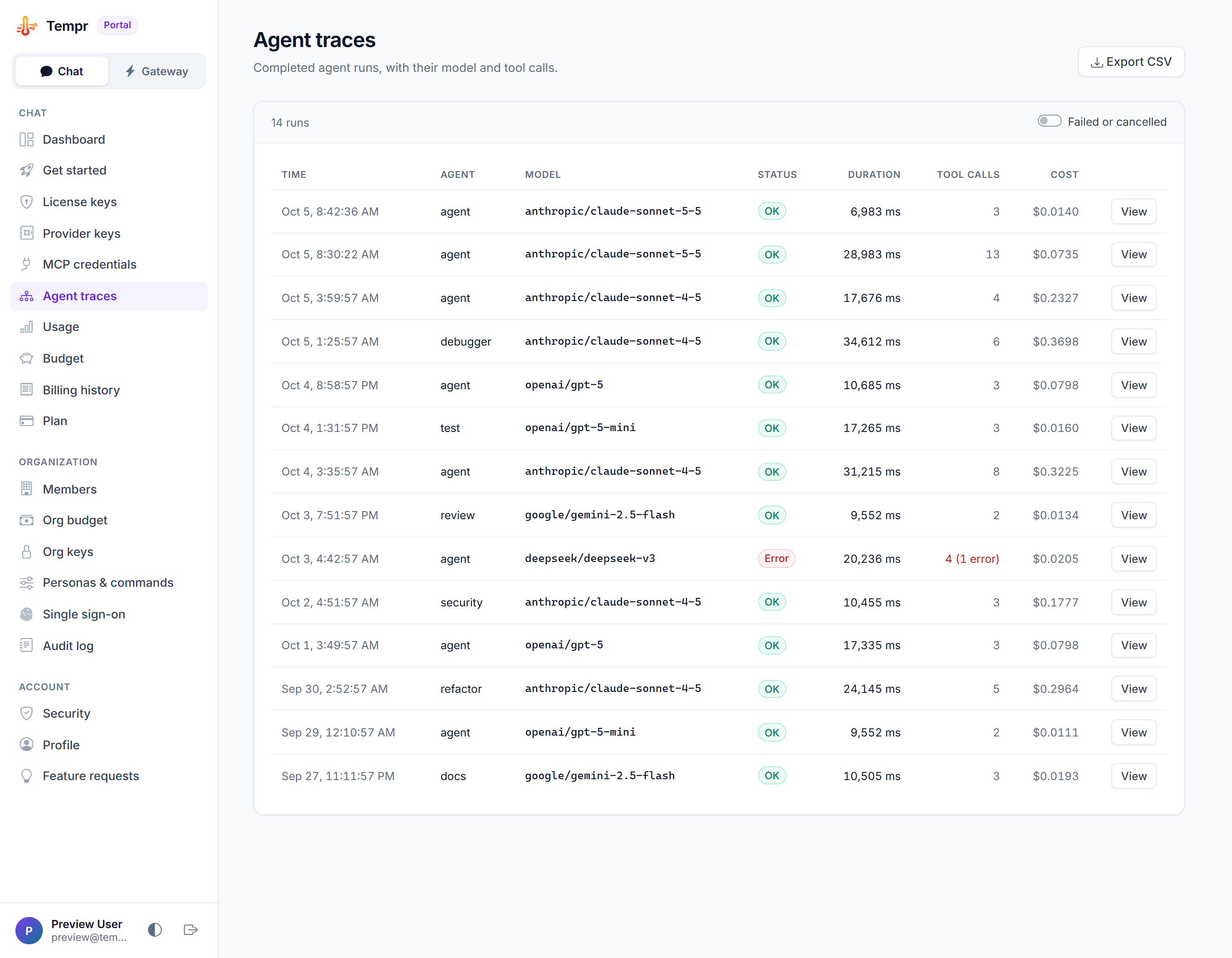 The Agent traces page in the Tempr Portal, listing agent runs with their persona, model, status, duration, tool-call count and cost