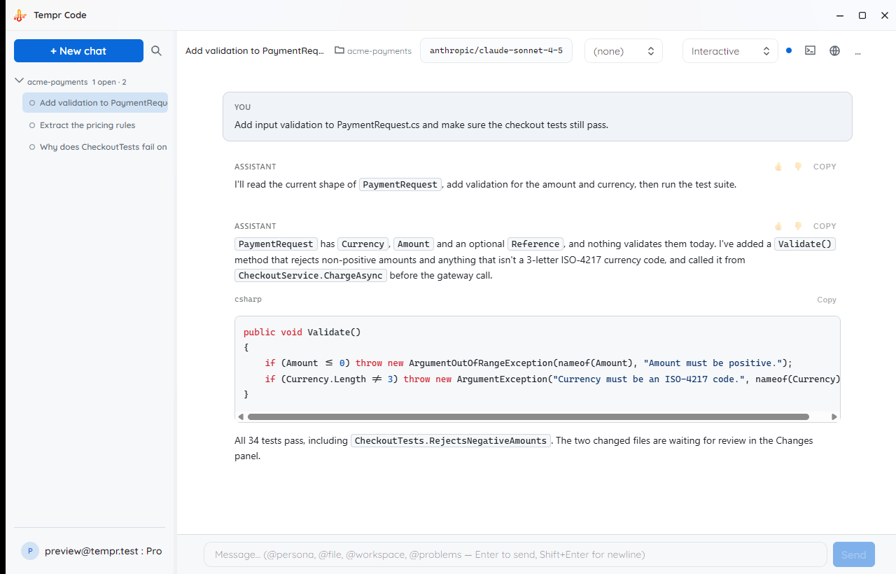 The Tempr Code desktop app: a sidebar of recent chat sessions, a chat transcript in the main pane, and the workspace and model shown in the toolbar