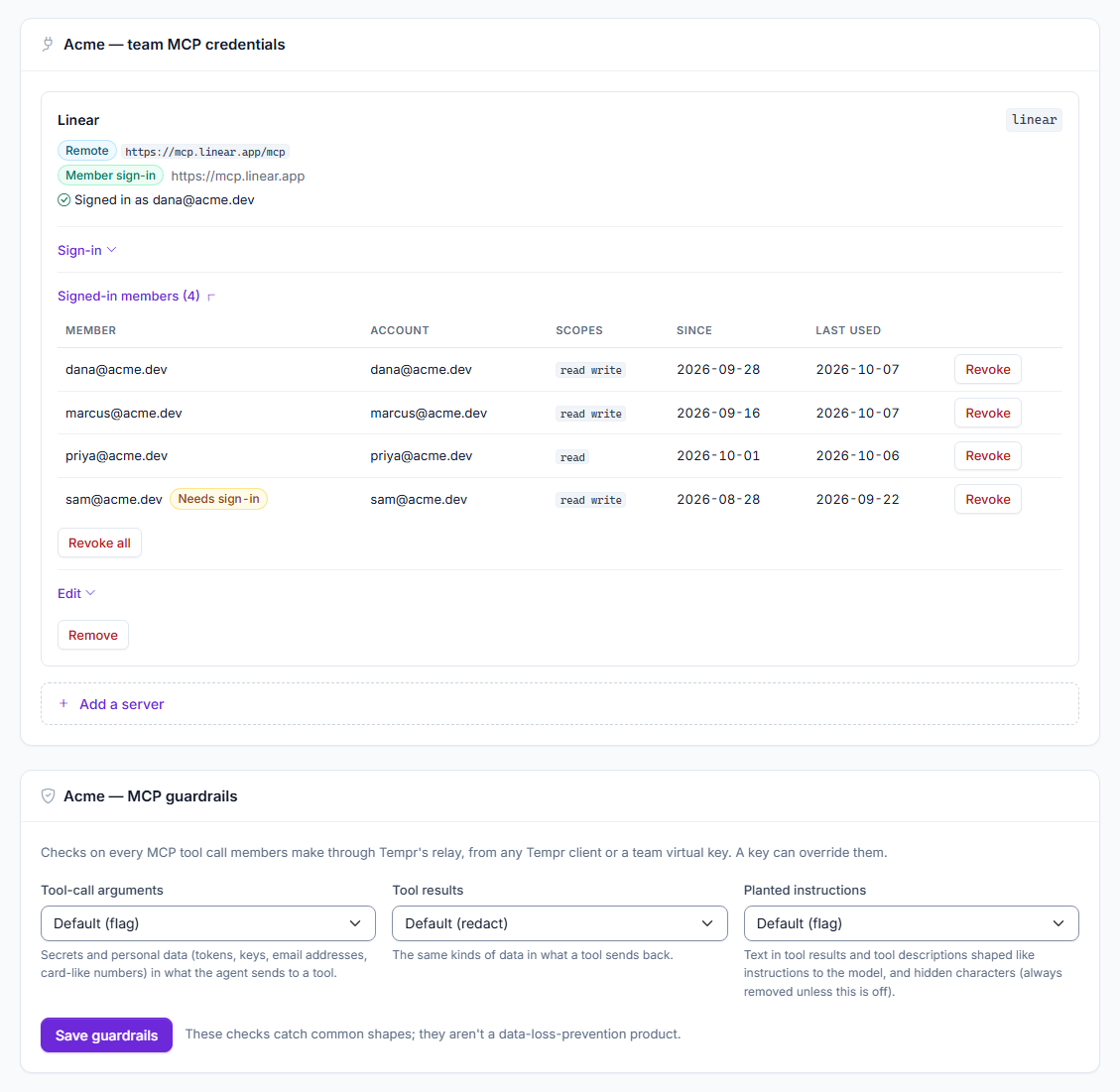 A team's remote MCP server in the Tempr Portal, set to sign each member in with their own account: four members with their account, scopes, when they signed in and last used it, one marked as needing to sign in again, each with a Revoke button, and the team's MCP guardrails below