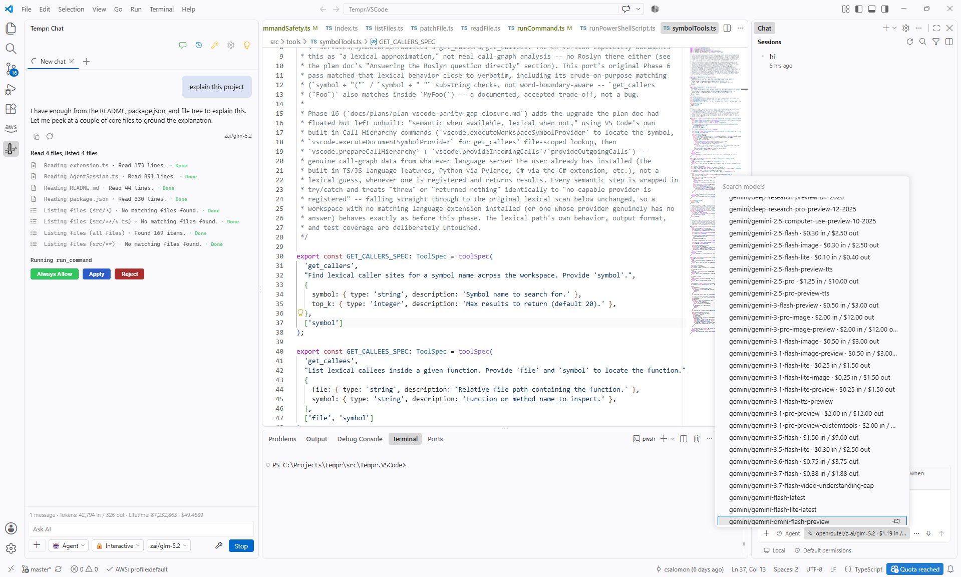Tempr chat panel docked inside VS Code